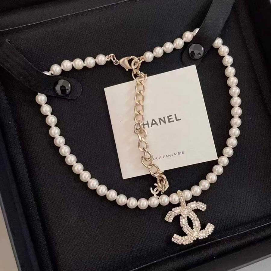 Chanel CC Enamel Necklace WhiteYellow Gold  Rent Chanel jewelry for  55month