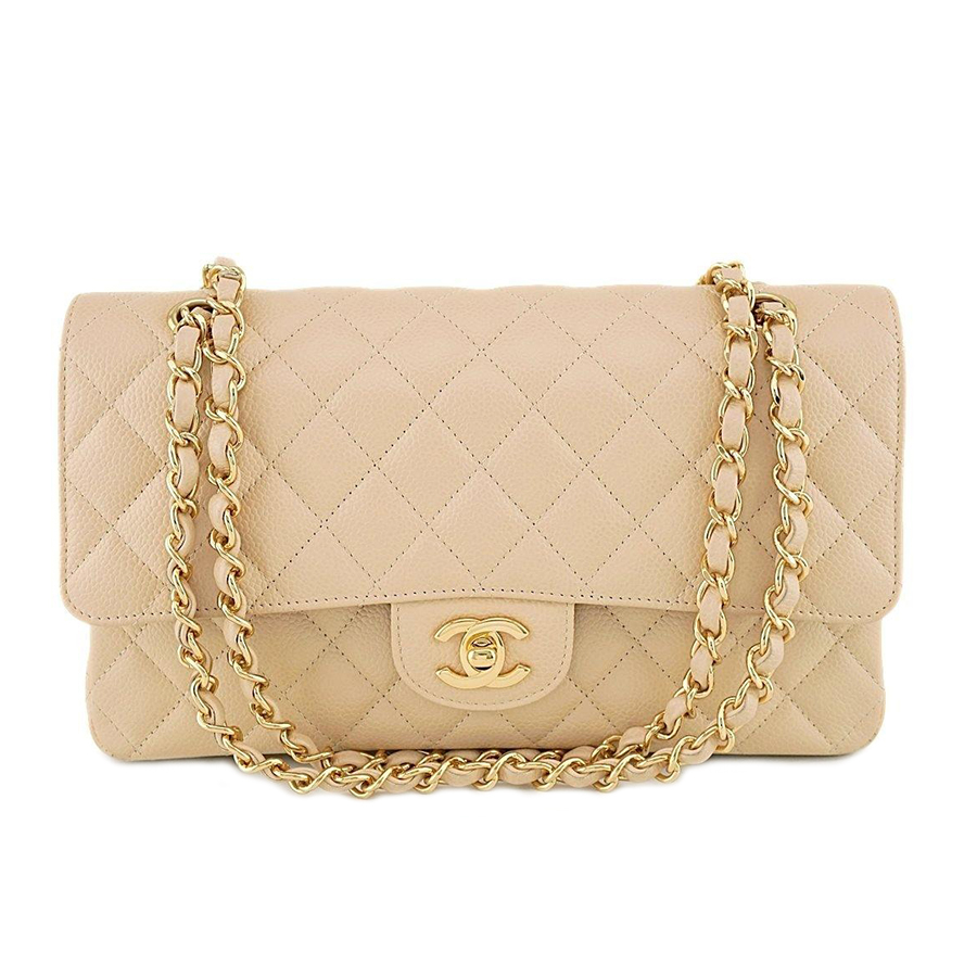 Chanel Classic Double Flap Quilted Caviar Gold tone Medium Beige  Nice Bag